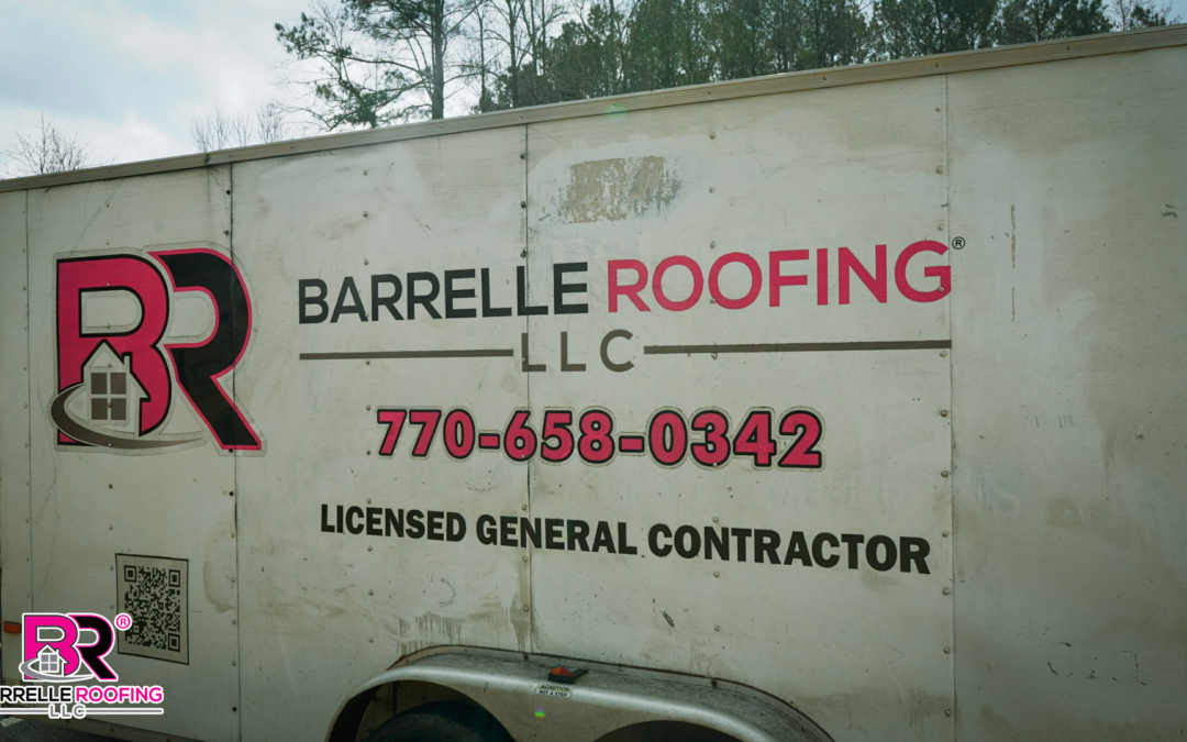 storage container attached to a pickup truck that says "BARRELLE ROOFING" on it