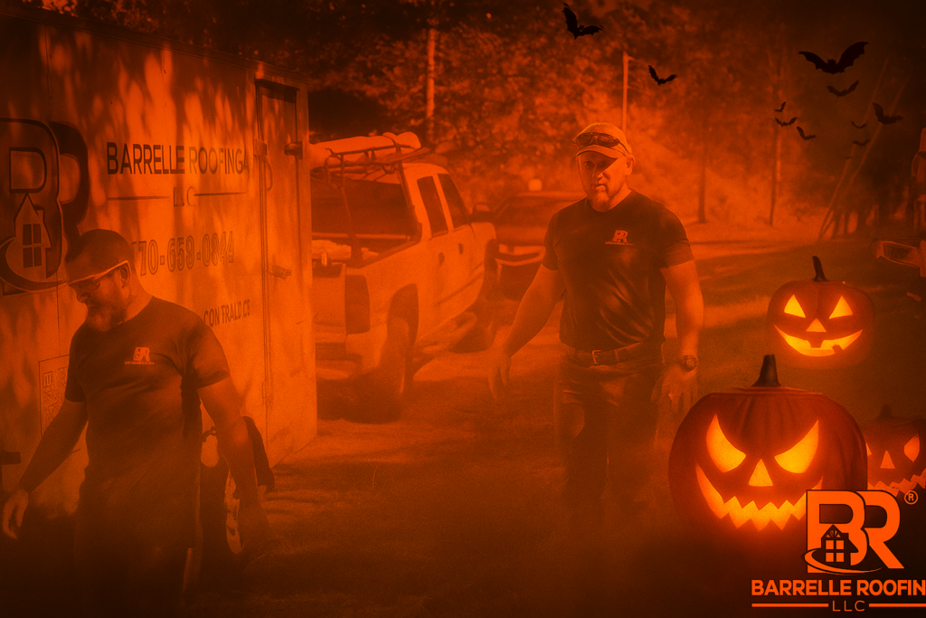 Two roofing professionals walk spookily past their trailer